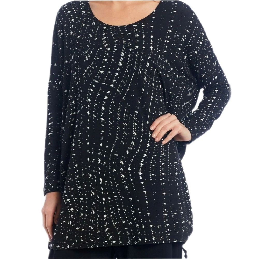 Bryn Walker Ruched Inman Tunic Top Black Stars Womens Small Boho Lagenlook Artsy